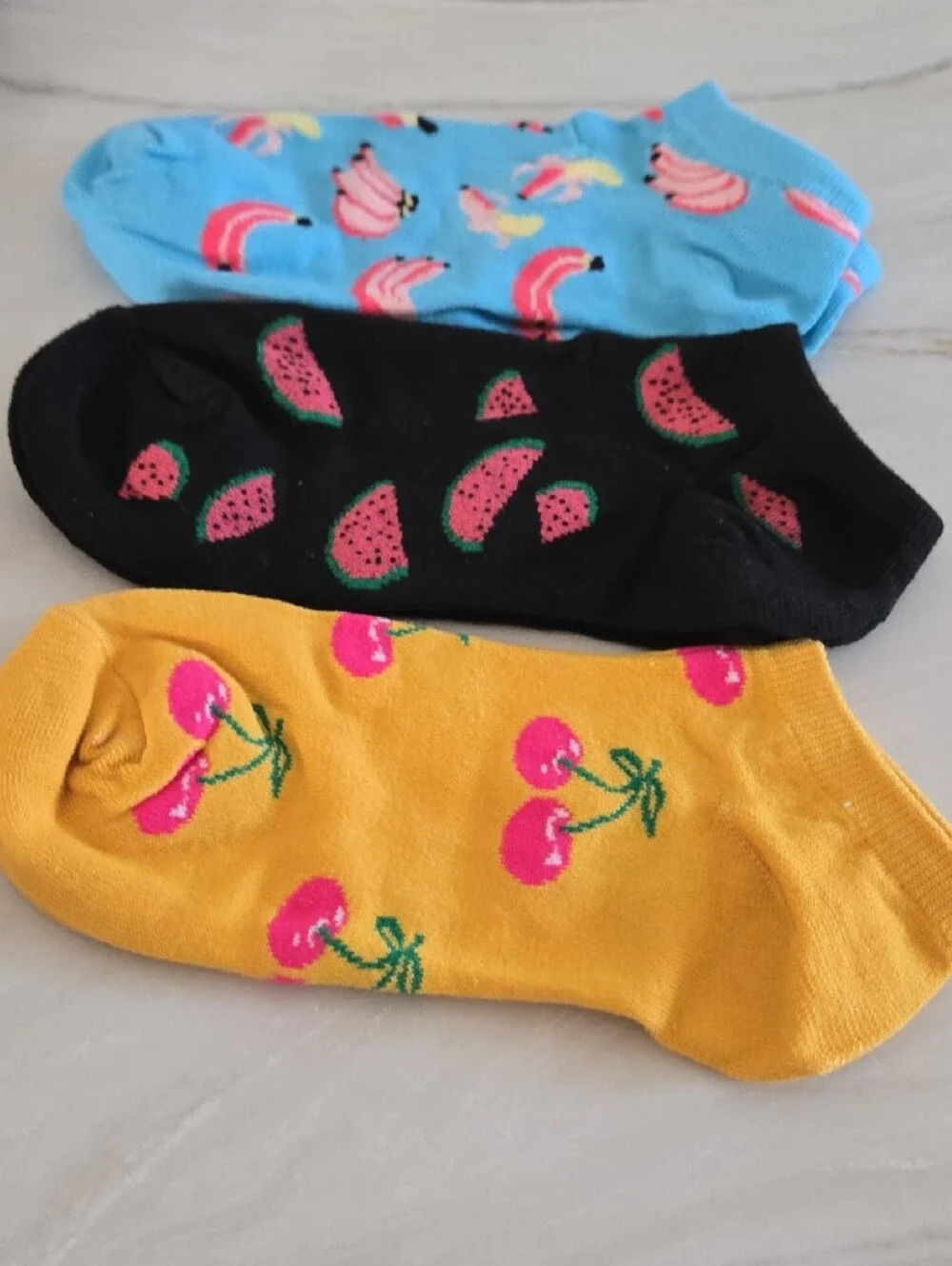 Ladies/Girls Fun Fruit Ankle Socks - Black, Yellow & Blue (3-Pack)
